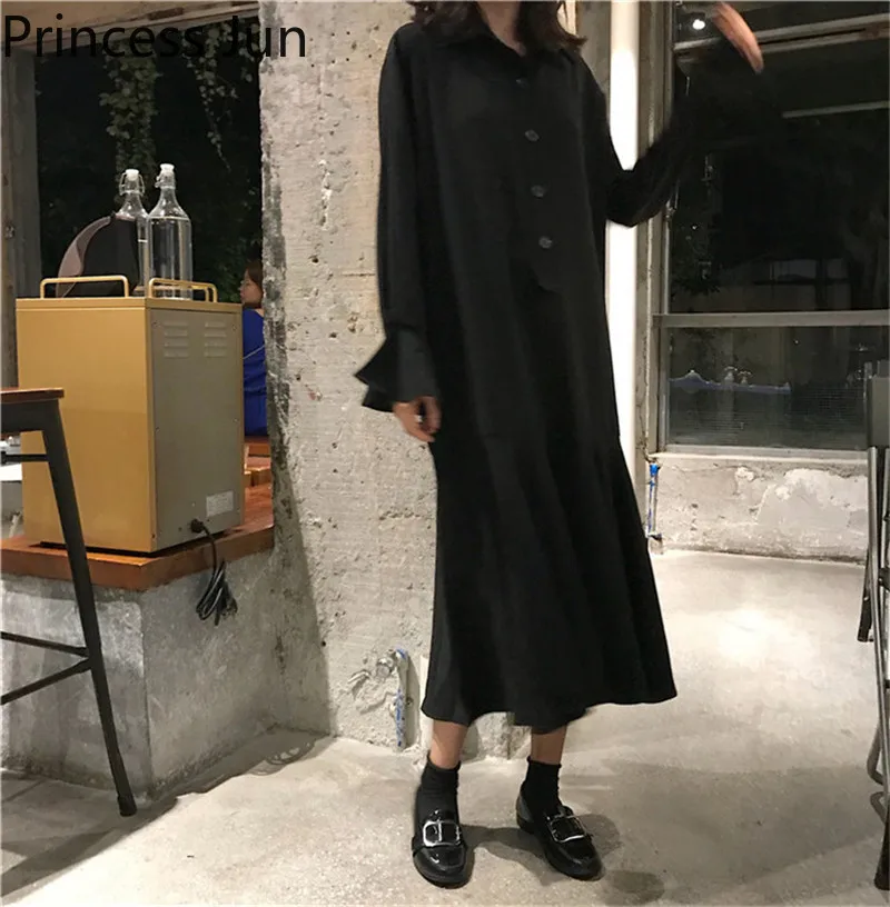 Женское платье-трапеция в стиле ретро винтажное Черное длинное платье-рубашка с