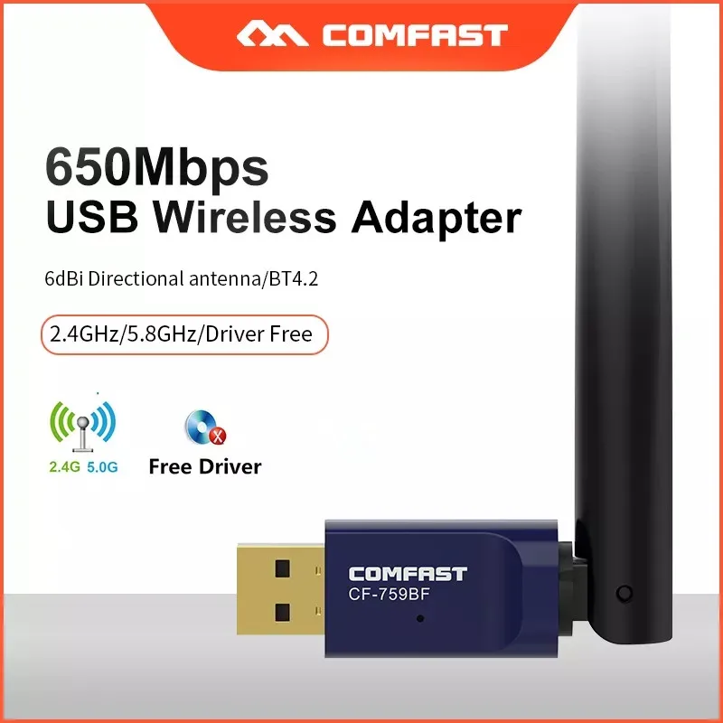 

Comfast CF-759BF 650Mbps usb Wifi Adapter Bluetooth 4.2 Free Driver Dual Band 2.4G&5.8G Network Card AC WiFi Dongle with antenna