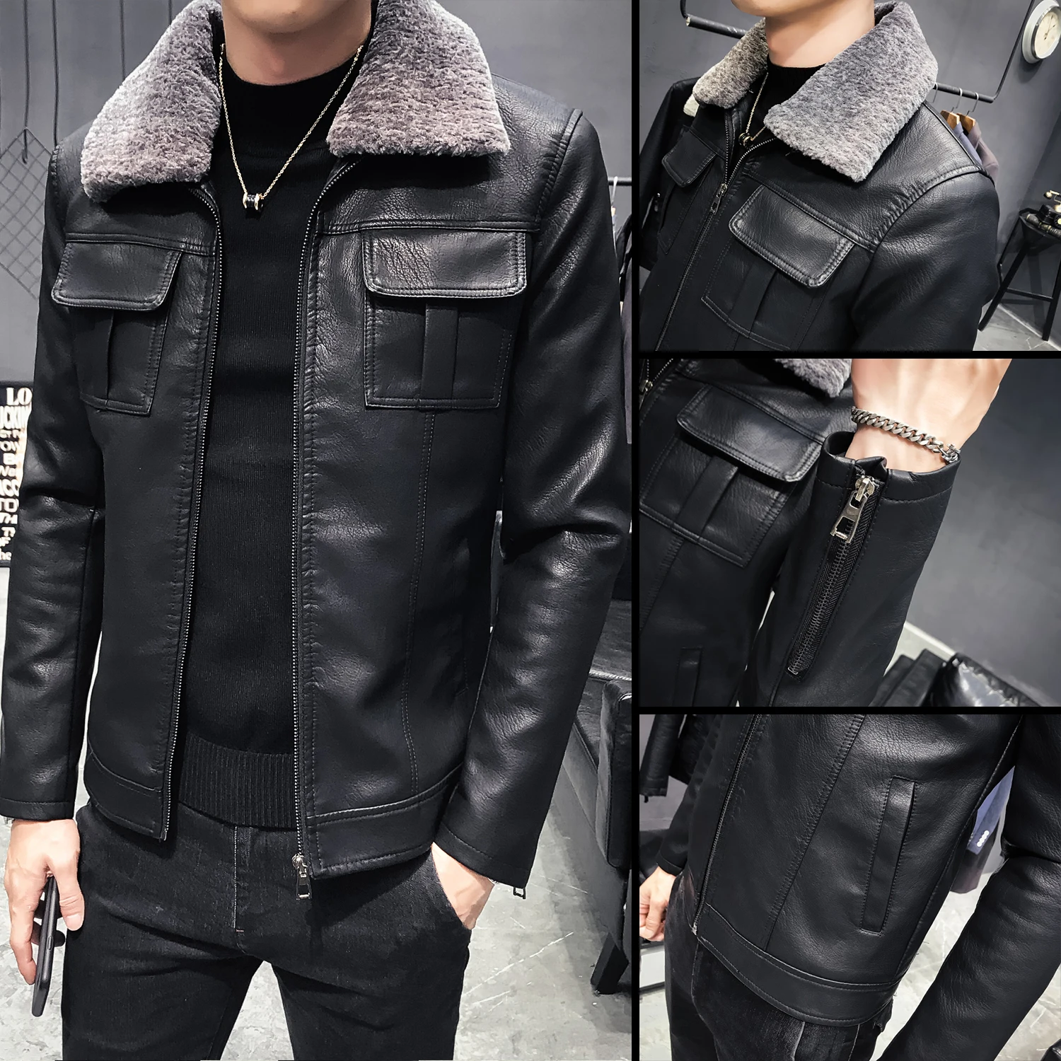 Мужская кожаная куртка с меховым воротником приталенная мотоциклетная Chaqueta Marron