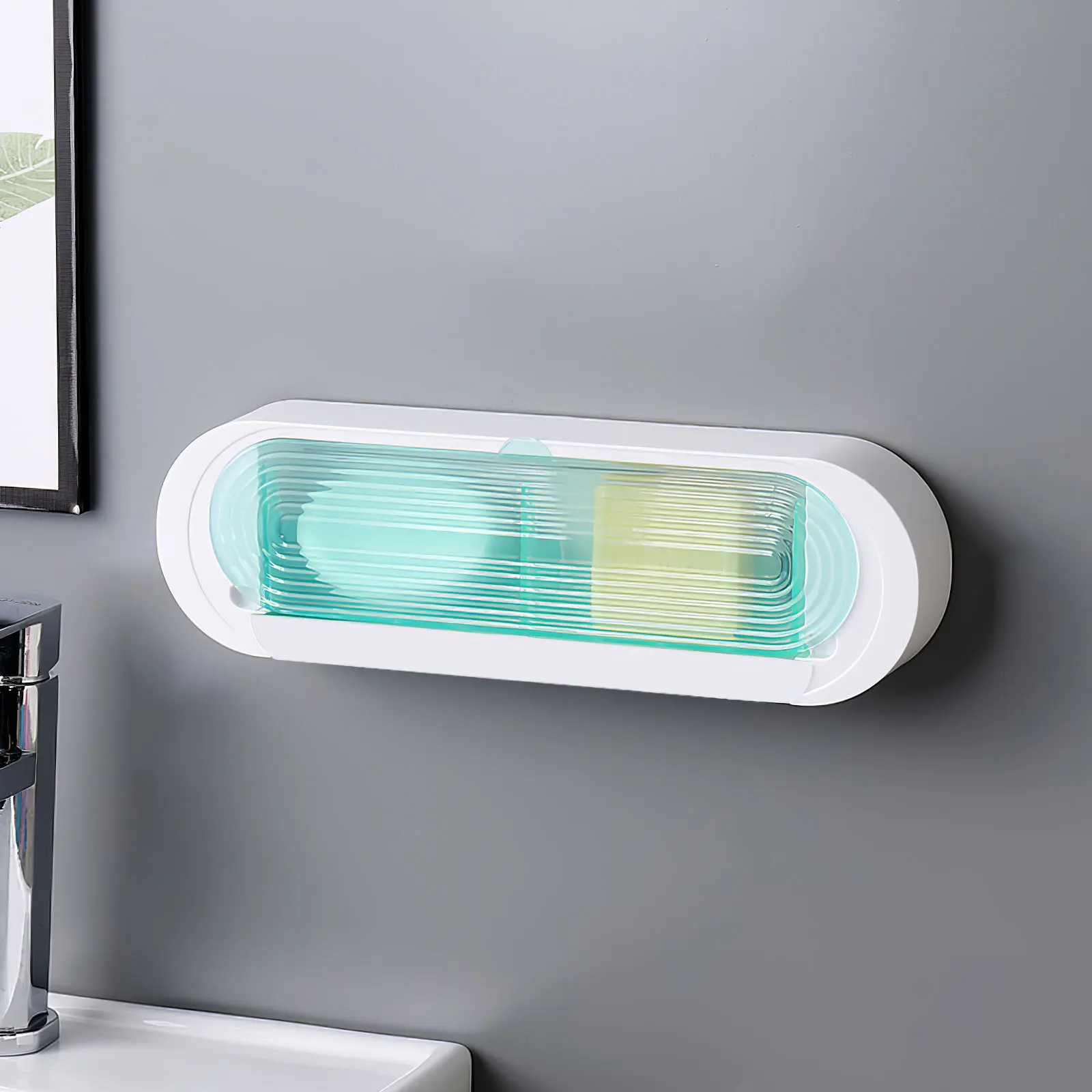 Punch Free Soap Tray Wall Mounted Rack Two Compartments Space Saving Box with Flip Lid Water Collection | Дом и сад