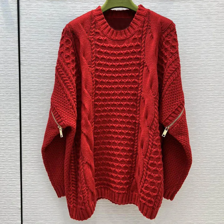 

Высококачественный вязаный пуловер из 100% шерсти, свитера для женщин, высококачественный дизайнерский красный пуловер на молнии с рукавом, ...
