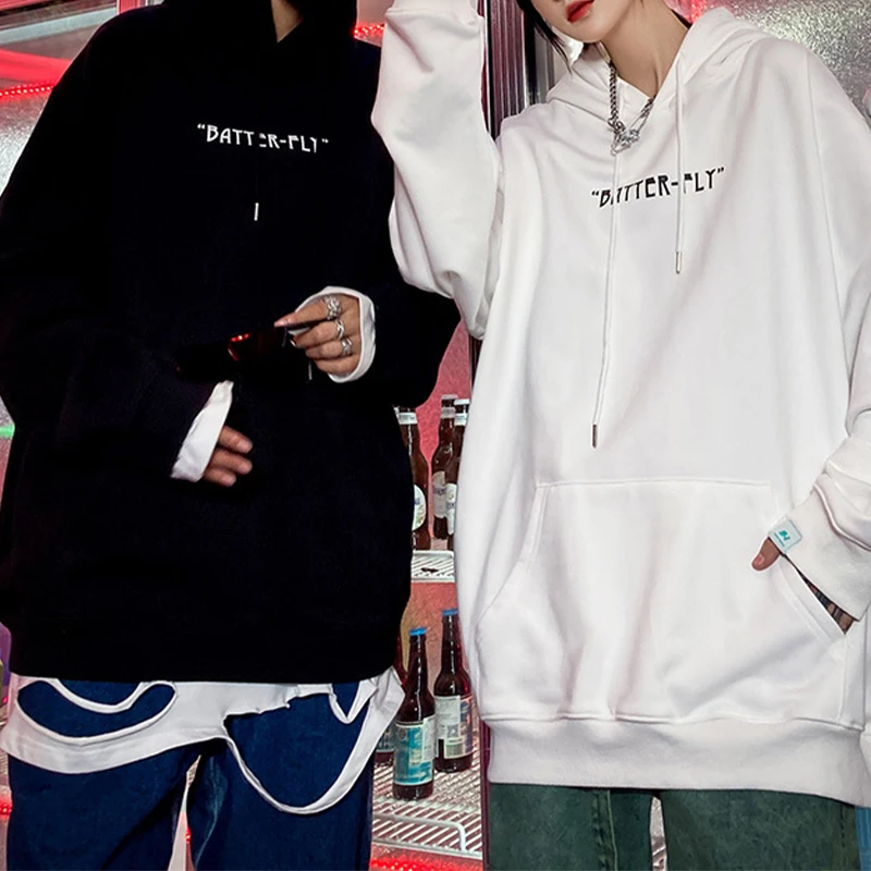 

Hip Hop Sweatshirt Hoodie Color Butterfly Print Streetwear Men Harajuku Pullover Cotton Fleece Autumn Winter Black Loose Hoody