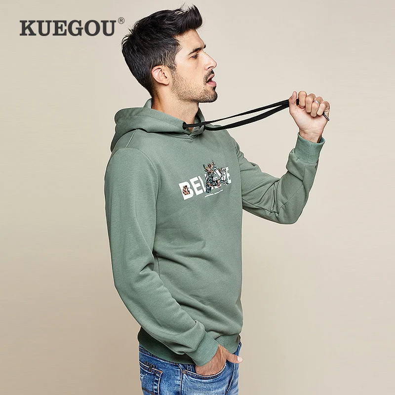 KUEGOU 2019 Осенняя хлопковая толстовка с вышитым принтом Мужская модная капюшоном в