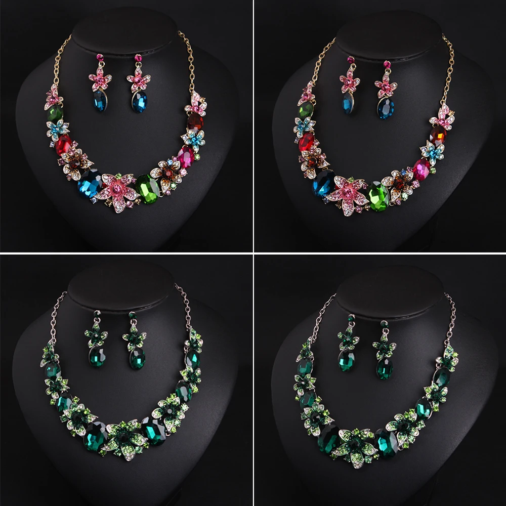 

Women Colorful Flowers Bridal Jewelry Sets Wedding Bib Choker Chain Necklace Earrings Cocktail Party Costume Crystal Jewellery