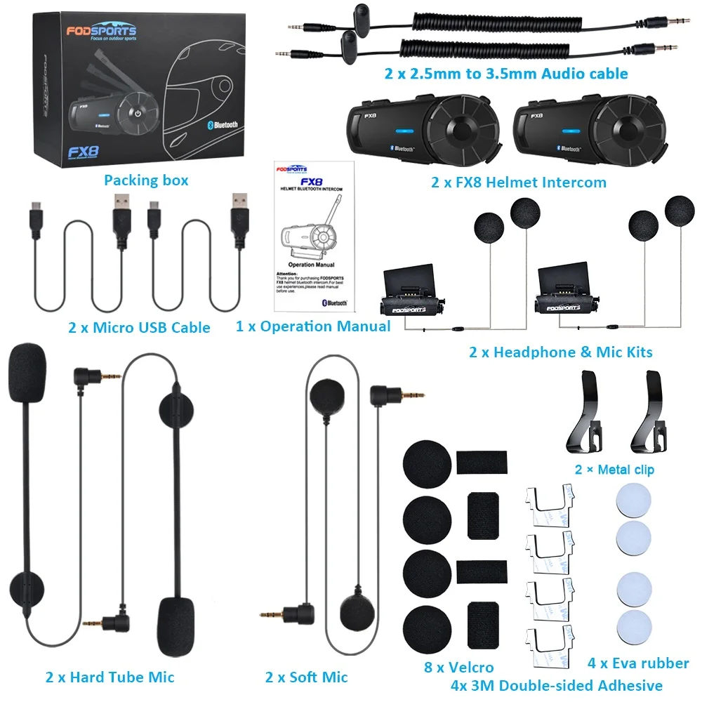 Fodsports 2 шт. FX8 шлем домофон мотоцикл Bluetooth гарнитура 8 Rider 1000 м мото Intercomunicador FM