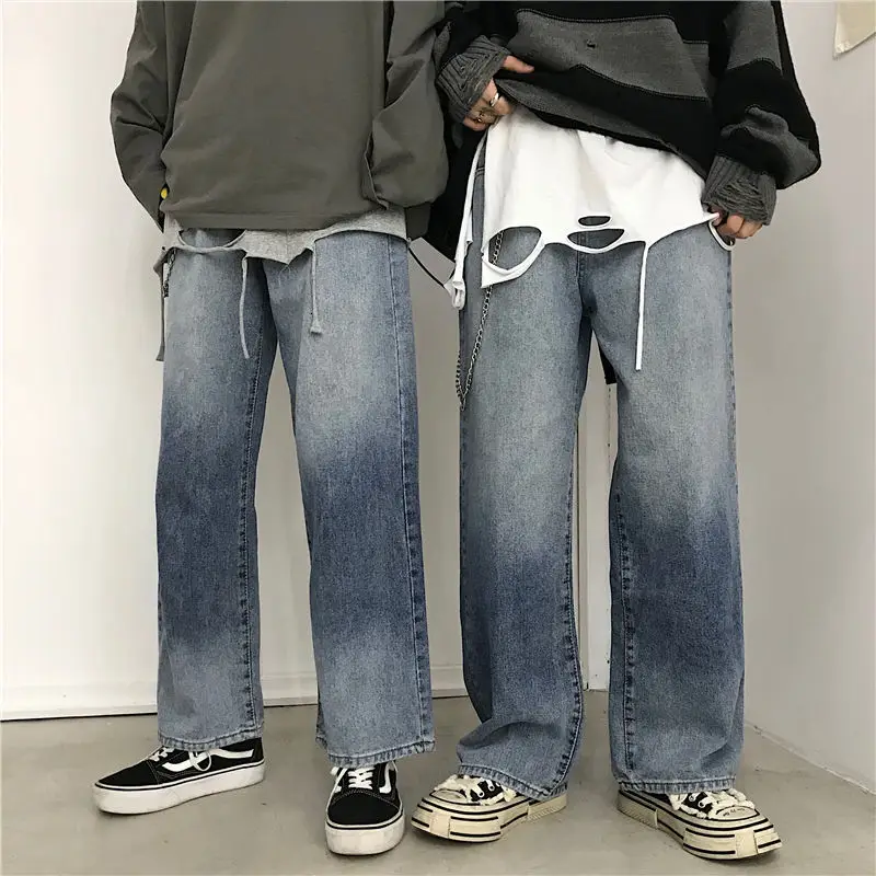 

2020 Men's Fashion Nostalgic Denim Blue Color Jeans Straight Wide Leg Pants Loose Youth Trendy Trousers Casual Pants S-XL