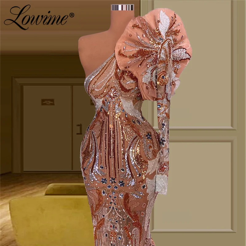 

Rose Gold Sequined Illusion Evening Dresses One Shoulder Dubai Arabic Long Mermaid Party Gown Celebrity Prom Dress Robes Vestido