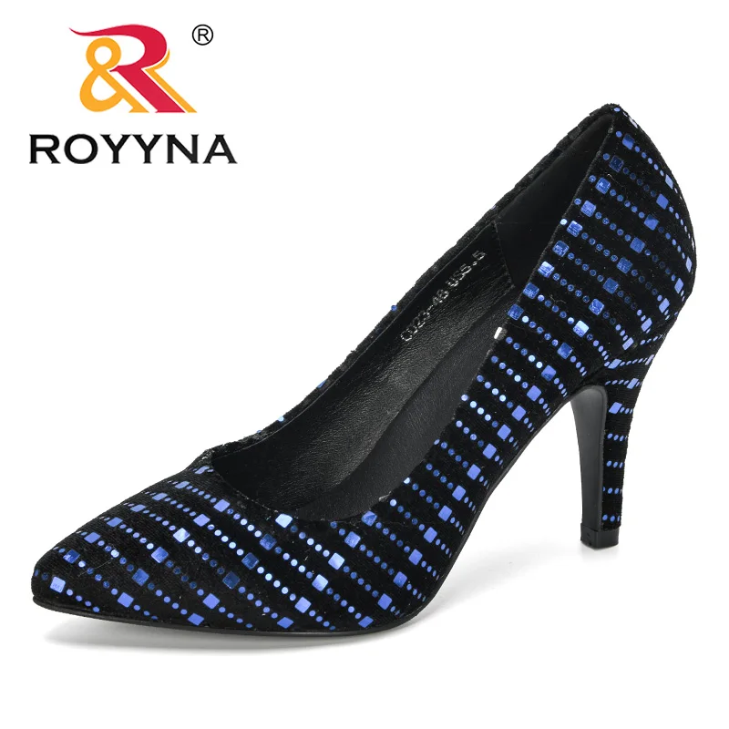 ROYYNA/Новинка года; дизайнерские женские туфли из флока на высоком металлическом каблуке; сезон осень; тонкие туфли с острым носком; женские удобные свадебные босоножки - Цвет: BLACK BLUE
