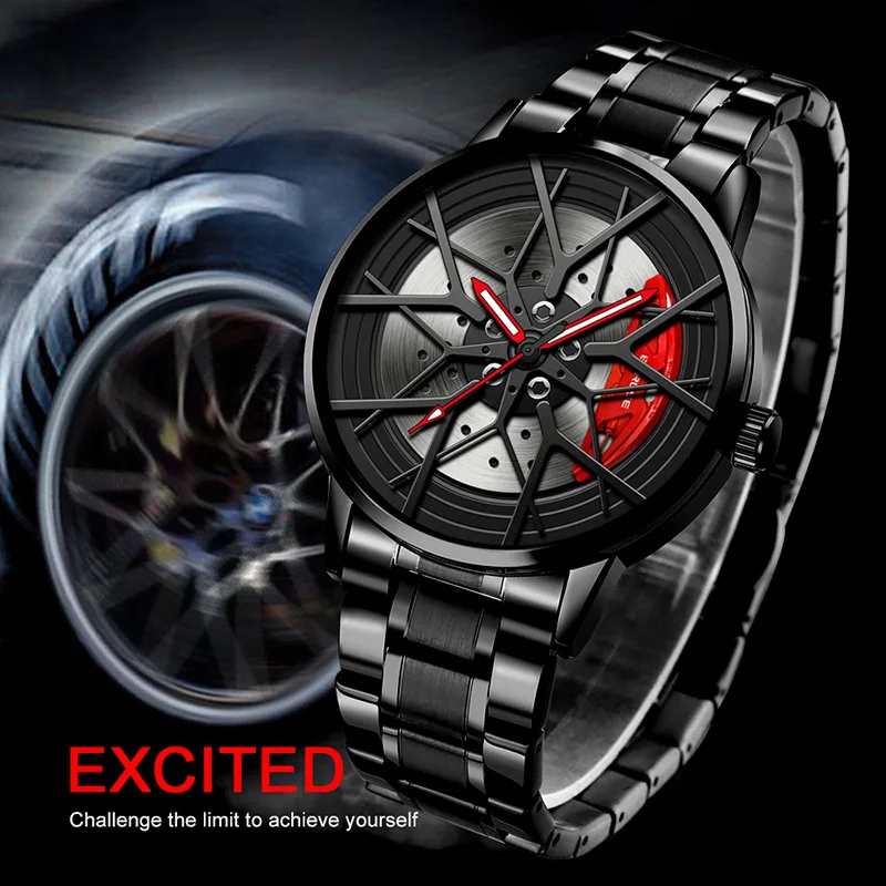

Personality Hip Hop Hollow Wheel Dial Men's Clock Luminous Hands Full Steel Men Watches Business Sports Casual Man Wristwatch