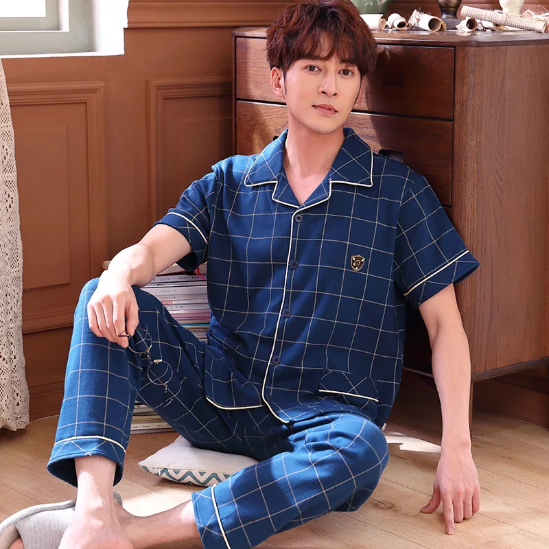 Casual Loose Sleepwear Thin Summer Korean Pajamas Long Bedroom Cotton Comfy Set Sleepwear Szata Zestawy Men's Sleep DB60SY