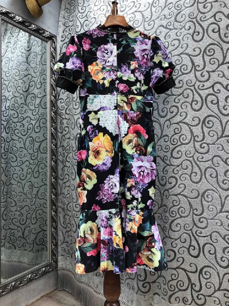 

Arrival Dress New 2021 Spring Summer Vintage Party Women V-Neck Elegant Floral Print Beaded Deco Short Sleeve Midi Mermaid Dress