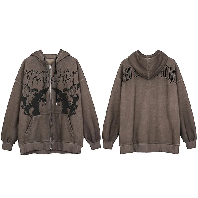 

Men Hip Hop Streetwear Hooded Jacket Angel Dark Print Jacket Coat Harajuku Cotton Fleece Autumn Winter Jacket Outwear Zipper