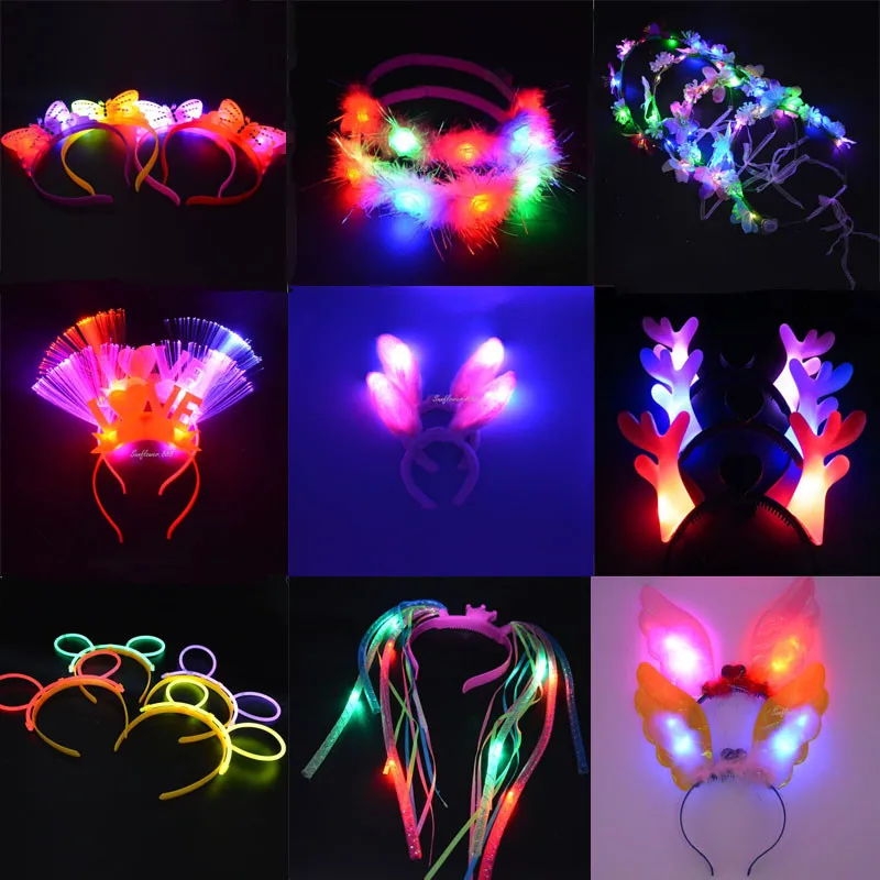 

10pcs Light Up Headband Flashing Crown Flower Garland Wreath Bunny Ear Bowknot Butterfly Party Hair Halloween Children Adult