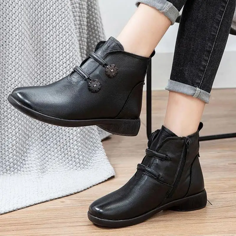 

YourSeason Ladies Winter Warm Shoes 2021 Round Toe Flat With Sewing Handmade Concise Platform Female Genuine Leather Zip Shoes
