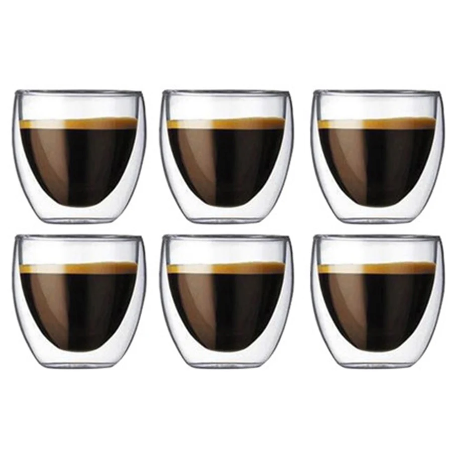 

2 4 6Pcs 80ML Double Wall Glass Coffee Cup Set Transparent Handmade Heat Resistant Tea Drink Cups Espresso Coffee Cup