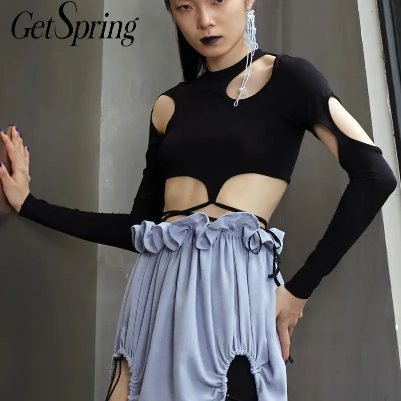 

Женская Асимметричная хлопковая Футболка Getspring, черная Асимметричная винтажная Универсальная футболка с длинным рукавом