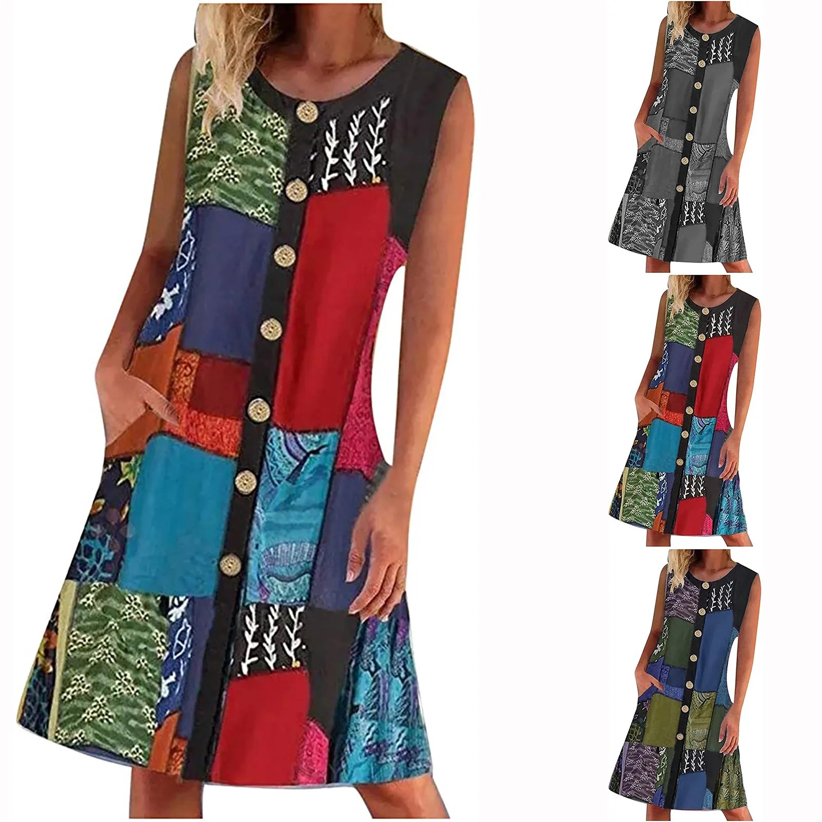 

Модное летнее женское платье с круглым вырезом, без рукавов, с принтом и контрастными карманами, Пляжное платье, вечерние платья для женщин, ...