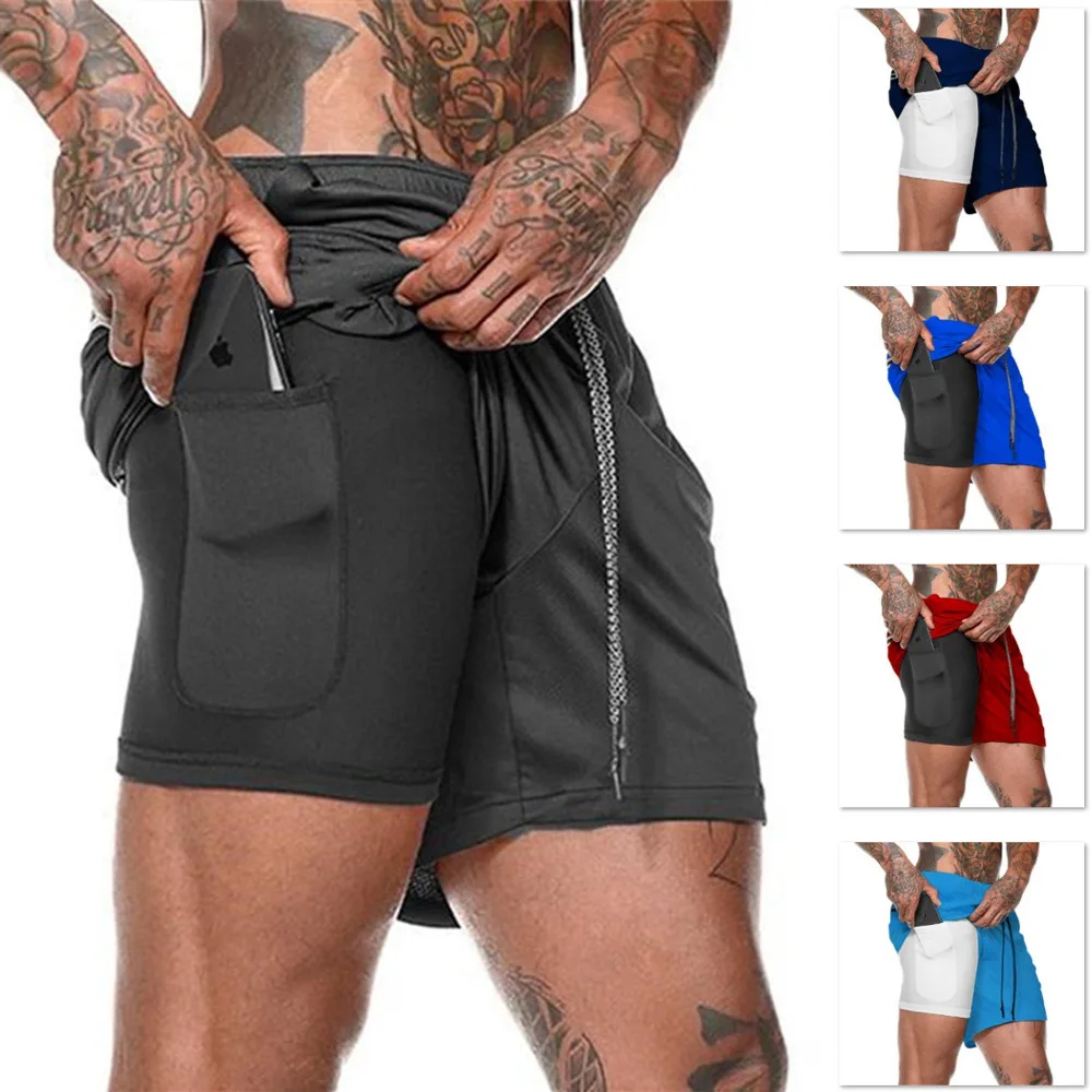european mens sports summer new double layer mobile phone pants gym exercise jogging training shorts free global shipping