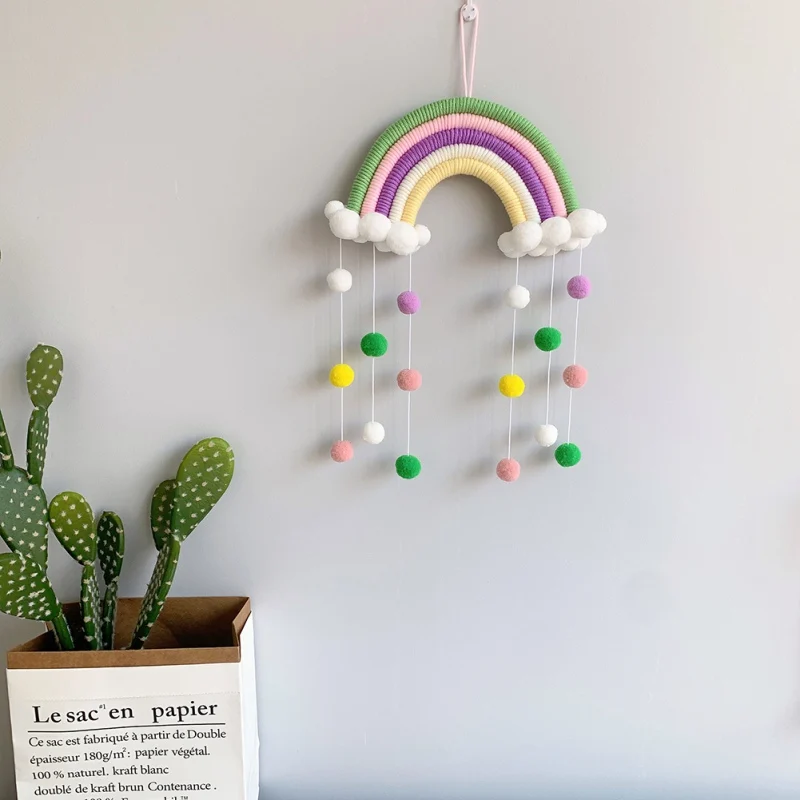 

Children Room Handmade Woven Cotton Rope Rainbow Hanging Decoration Wall Hanging Decor With Colorful Felt Ball