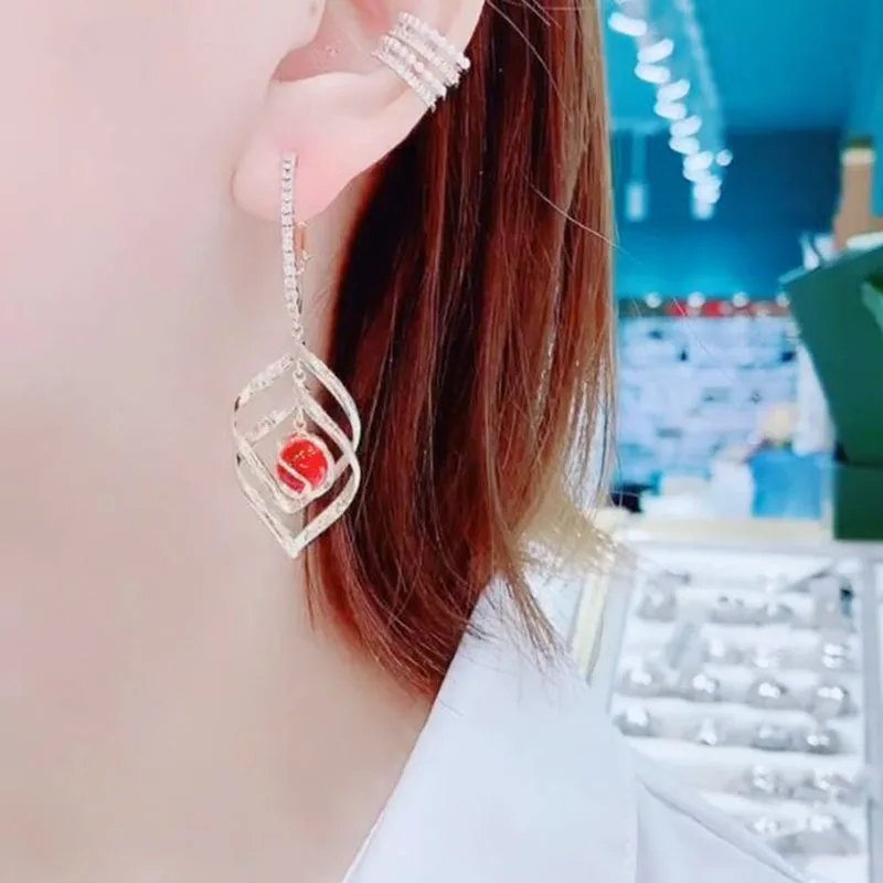 

2021 Trendy Korean Long Earrings for Women Statement Red Ball Geometry Round Gold Dangle Drop Earrings Fashion Party Jewelry