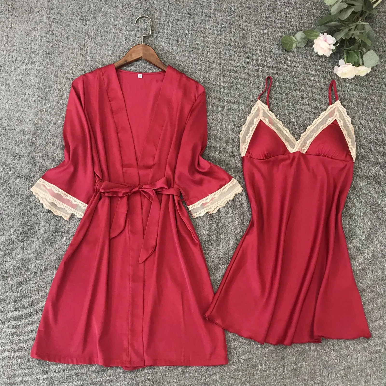 

2PCS Satin Robe Set Sexy Female Sleepwear Summer Kimono Bathrobe Lace Trim Bride Bridesmaid Dressing Gown Casual Nightgown