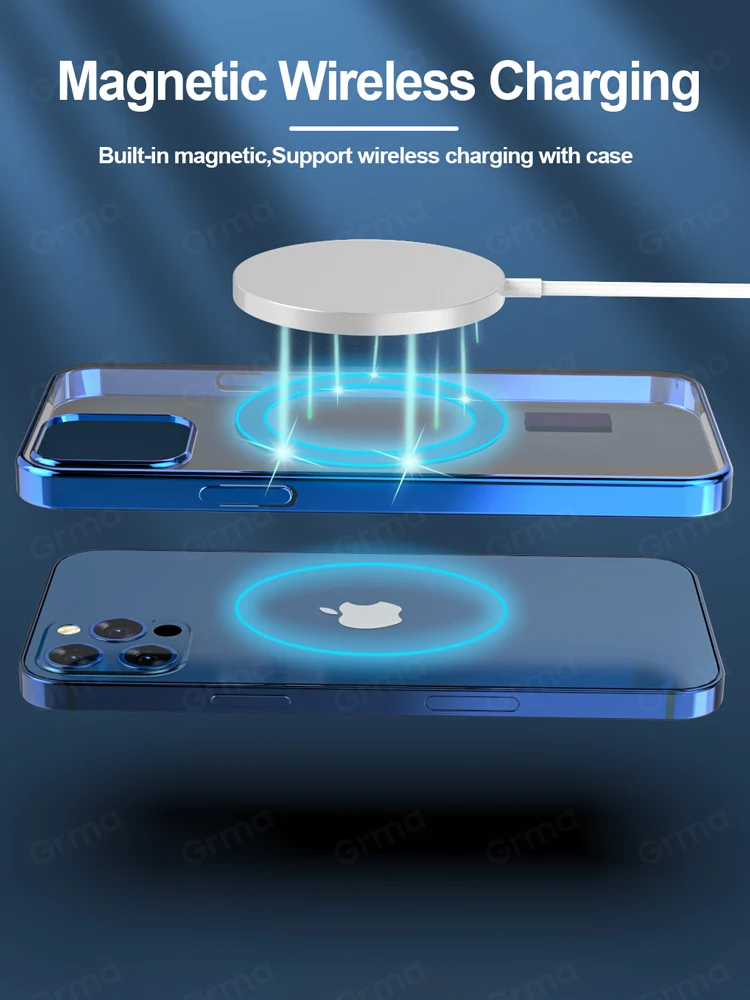 2022 New Original Magnetic Transparent Hard Plating Shockproof Phone Case for iPhone 13 12 11 Pro Max Support Wireless Charge