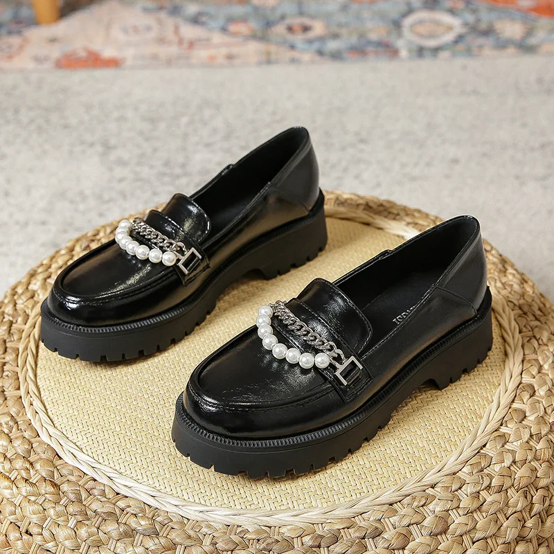 

Brand Pearl Lolita Leather Shoes Women Large Loafers Women Mary Jane Shoes Ladies Pure Thick Round Head Female Boat Shoes