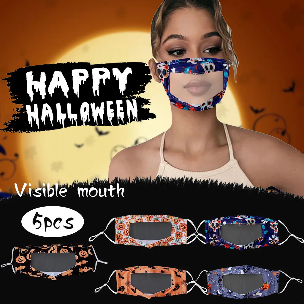 

5pcs mascarillas reutilizables lavables Smile Clear Mouth Expression Lip Reading Mask Visual Mask Halloween Print Face Shield A6