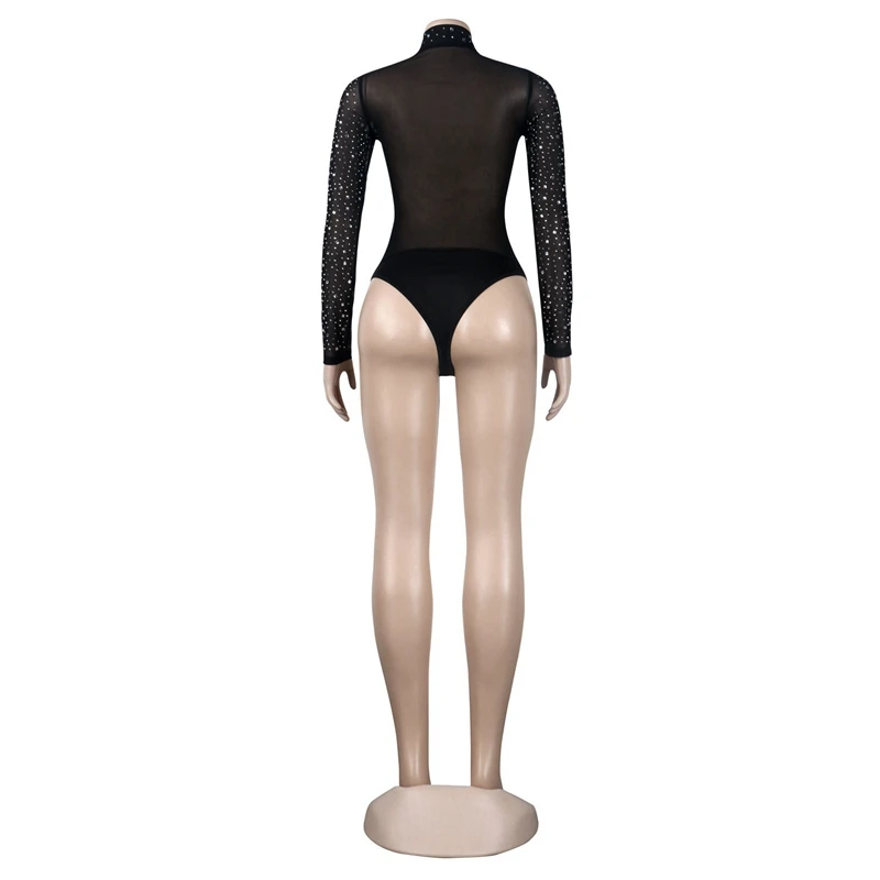 Sexy Diamond Crystal Skinny Short Jumpsuit Women Autumn Winter Long Sleeve See Through Bodysuit Party Clubwear One Piece Rompers