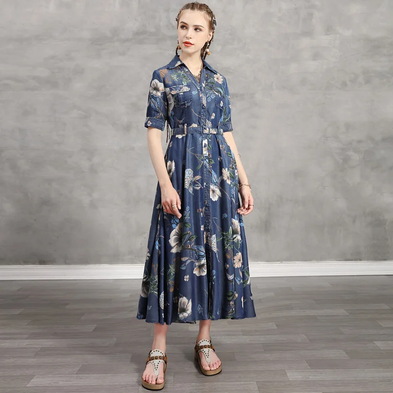 

Fashion women's summer dress new tencel print temperament long skirt Ladies denim dresses XXL plus size dress