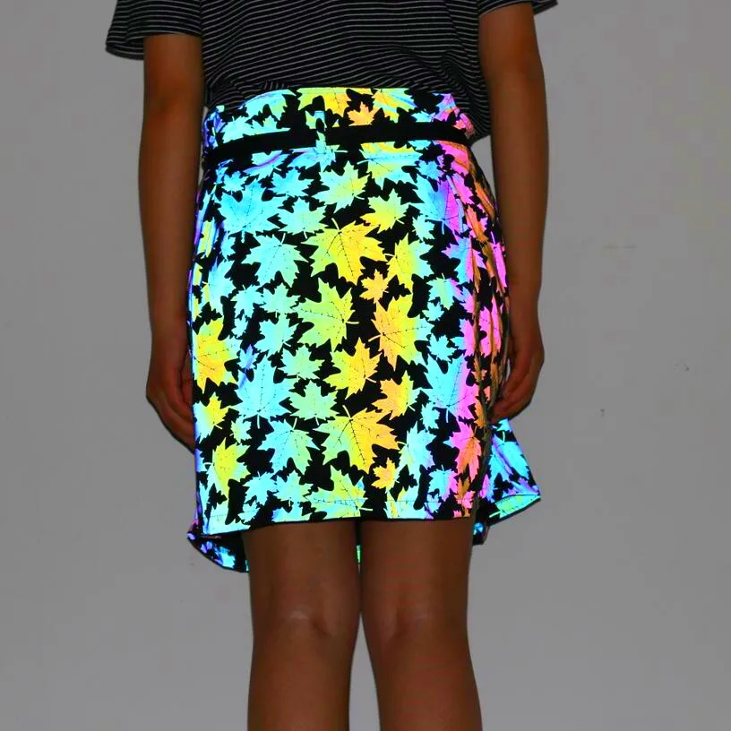 

Nice Women summer colorful maple leaves reflective skirt ribbons zipper punk mini skirts hip hop glowing black femme jupes