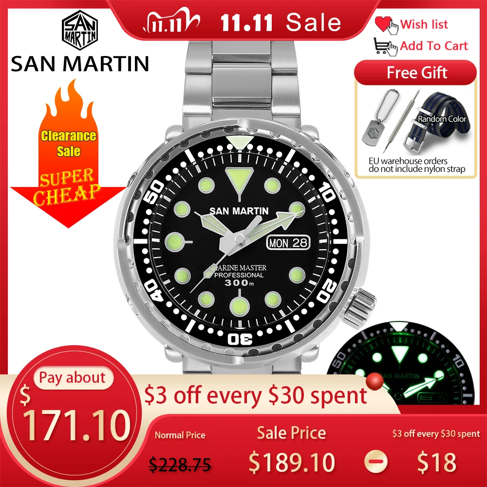 

Мужские автоматические часы San Martin Tuna SBBN015, часы с сапфировым календарем, керамическим ободком, светящимся циферблатом Sunray