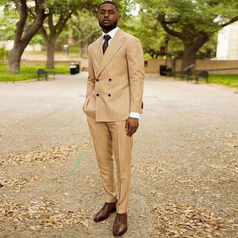 

Мужской двубортный Блейзер и брюки, бежевые костюмы для жениха из двух предметов, пиджак с заостренным отложным воротником и брюки, 2019