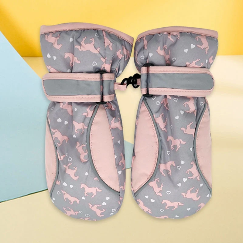 

Children's Winter Ski Gloves, Mittens, Girls, Pony Floral Cartoon, Waterproof, Non-slip, And Warm 2 Colors Full Finger