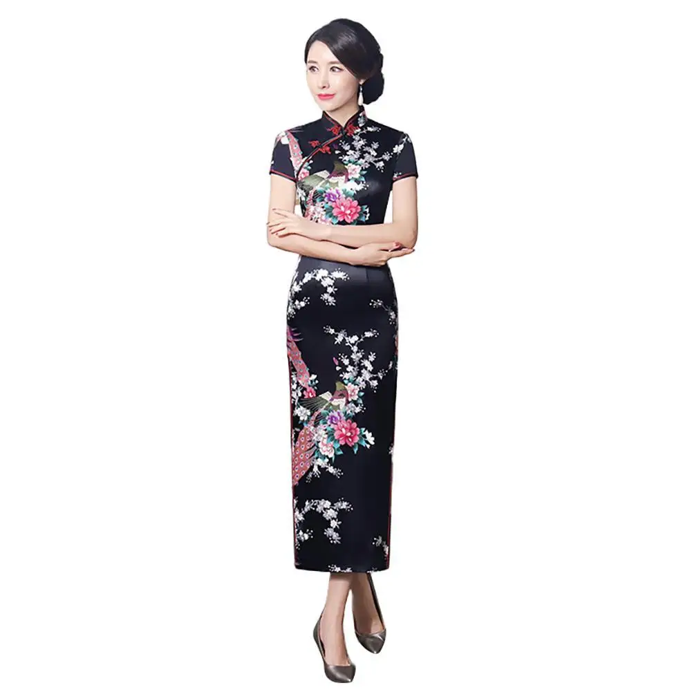 

Women Chinese Short Sleeve Peacock Slitting Hem Cheongsam Banquet Midi Dress Chinese Qipao Cheongsam Dragon Phoenix Print Dress