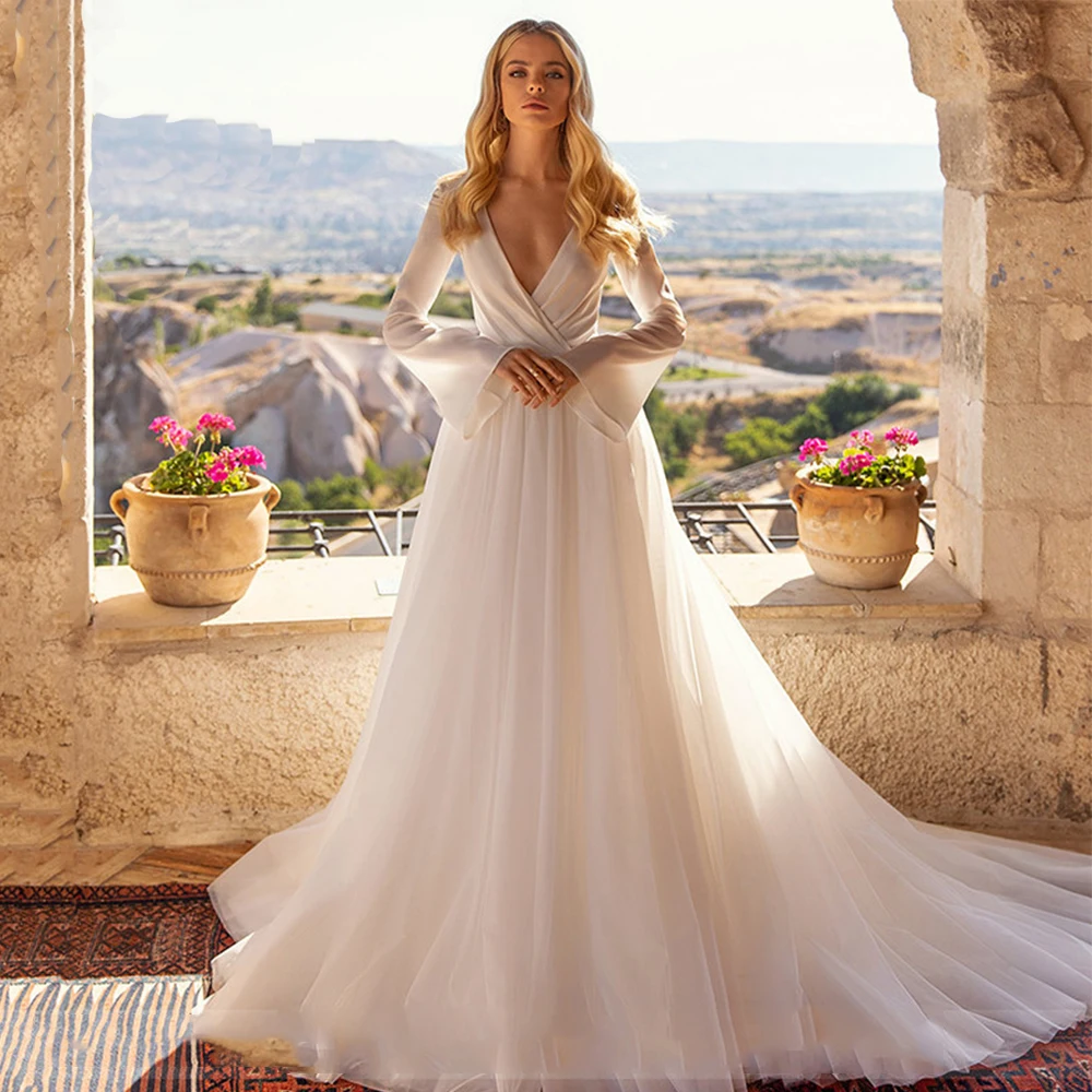 

Простое ТРАПЕЦИЕВИДНОЕ свадебное платье Lvory с длинным Расклешенным рукавом и глубоким V-образным вырезом, свадебные платья на молнии, 2021