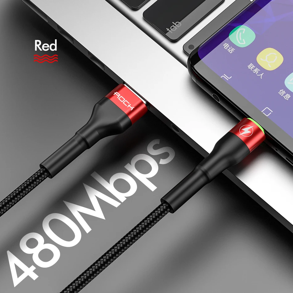 Red With LED Light ROCK 5A Metal Led Light USB Type C Cable For Xiaomi Redmi Samsung OnePlus Huawei Mate 20 Pro Fast Charging Data USB C Quick 3.0 - Цвет: Red With LED Light