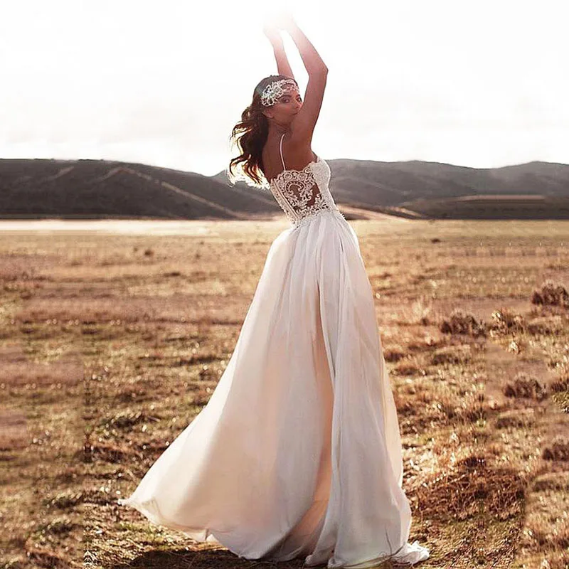 

Hi Shy Bride New simple wedding dress backless sleeveless design chiffon lace bride dresses princess dress plus size tailor-made