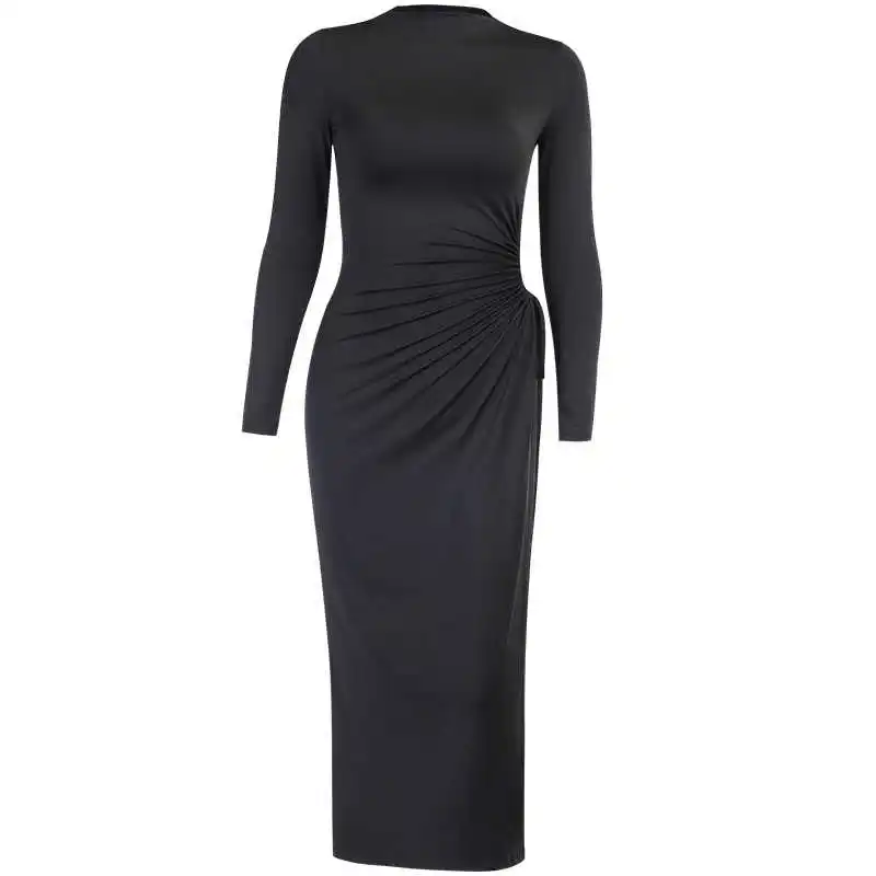 

2020 Autumn Women Sexy Elegant Dress Long Sleeve Turtleneck High Split Maxi Dress Solid Bandage Club Sexy Dresses