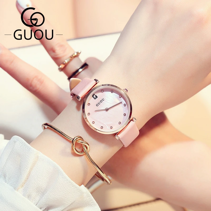 GUOU Simple Female Quartz Watch for Women Seashell Ultra-thin Dial 6MM Ladies Wristwatches Waterproof Rhinestone Leather Strap enlarge