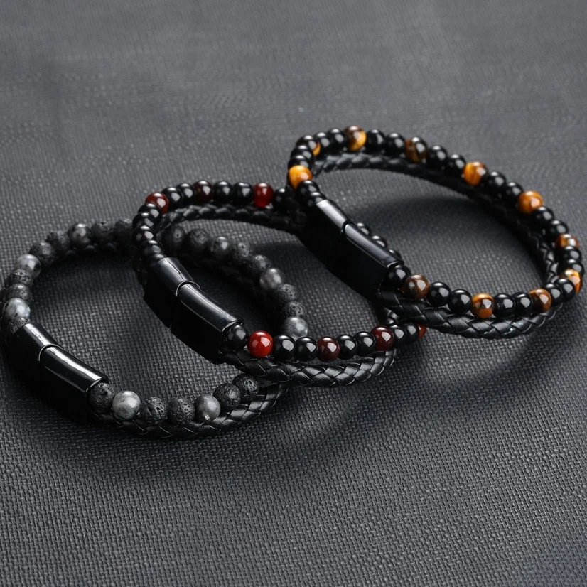 

Stainless Steel Tiger Eye Bracelet Natural Stone Men Bracelet Black Genuine Leather Magnetic Buckle Bangle Male Jewelry