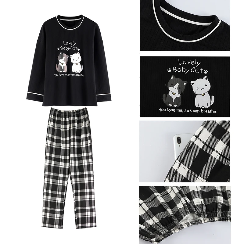 CAIYIER Cartoon Print Women Pajamas Set Long Sleeve Cotton Sleepwear Autumn Winter Girls Nightwear Soft Loose Loungwear Pyjama