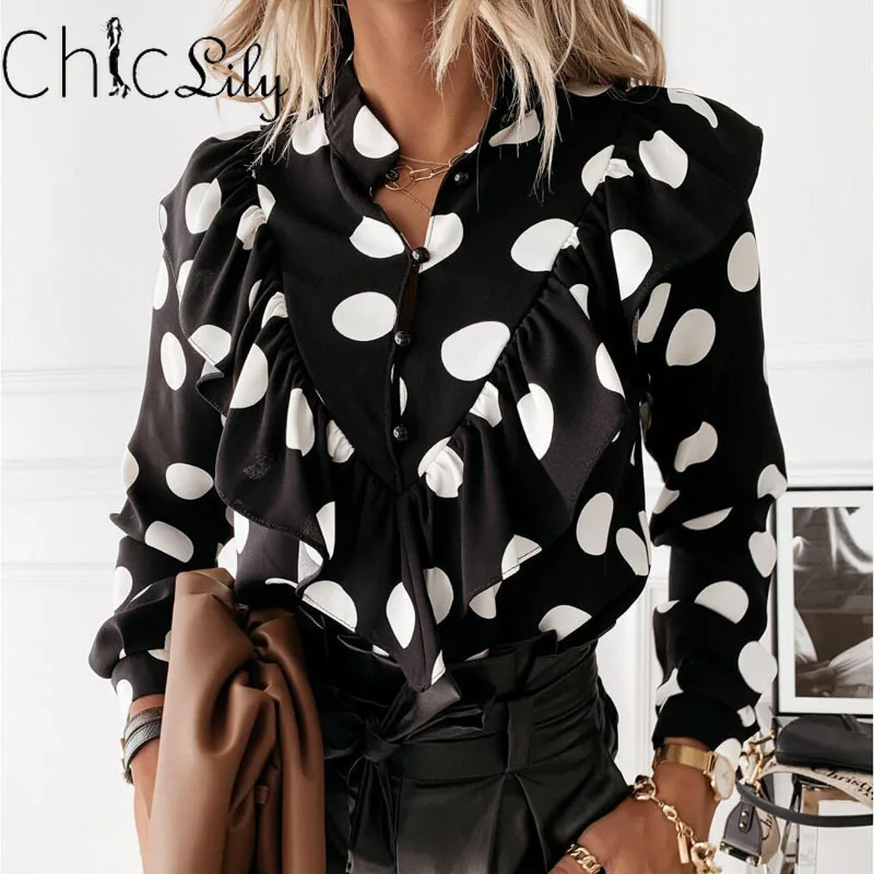 

Chiclily Elegant V-Neck Ruffles Shirts Long Sleeve Autumn Vintage Polka Dot Print Tops Office Lady Casual Fashion Blusa