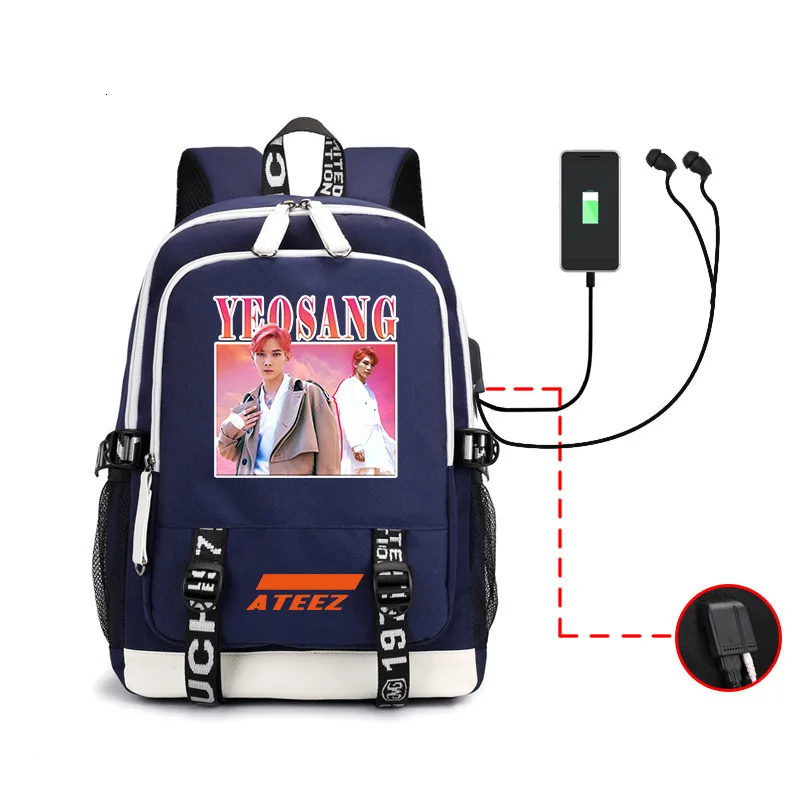 Kpop Ateez рюкзак периферийная сумка мужская и женская сумка на оба плеча Usb гарнитура линия компьютерная упаковка - Цвет: Blue-yeosang