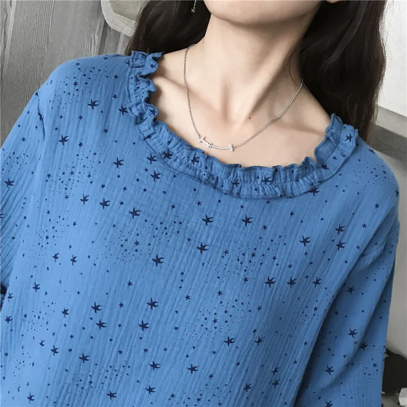 

Women's Cotton Water-washed Pajamas For Women Pyjamas Lace Neckline Sleepwear Texture Crepe Gauze Half-sleeved Cropped Trousers