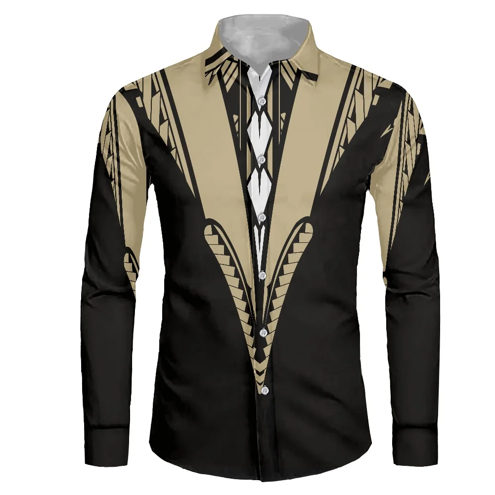 

HYCOOL Fashion Tribal Tattoos Print Samoan Black Collared Shirt Elegant Wedding Dress Men Shirt Plus Size Long Sleeve Shirt Men