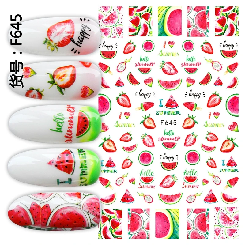 3D наклейки для ногтей летние клеящиеся слайдеры фрукты листья Арбуз Лимон
