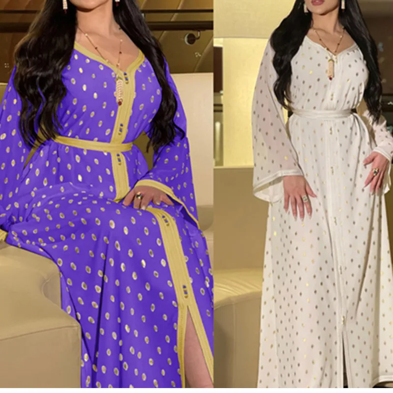 

2021 New Muslim Kaftan Abaya Dress Kimono Women Dubai 2 Piece Set Pot Dolt Print Gown Turkish Islamic Clothing Femme