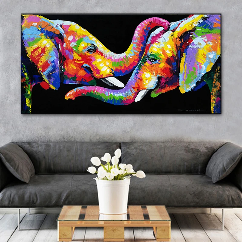 

Colorful Elephant Oil Paintings on Canvas Wall Art Posters and Prints Couple Elephants Cuadros Pictures for Living Room Decor