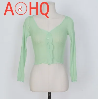 

Трикотажная рубашка с низким воротником, укороченный топ с завышенной талией на весну и осень